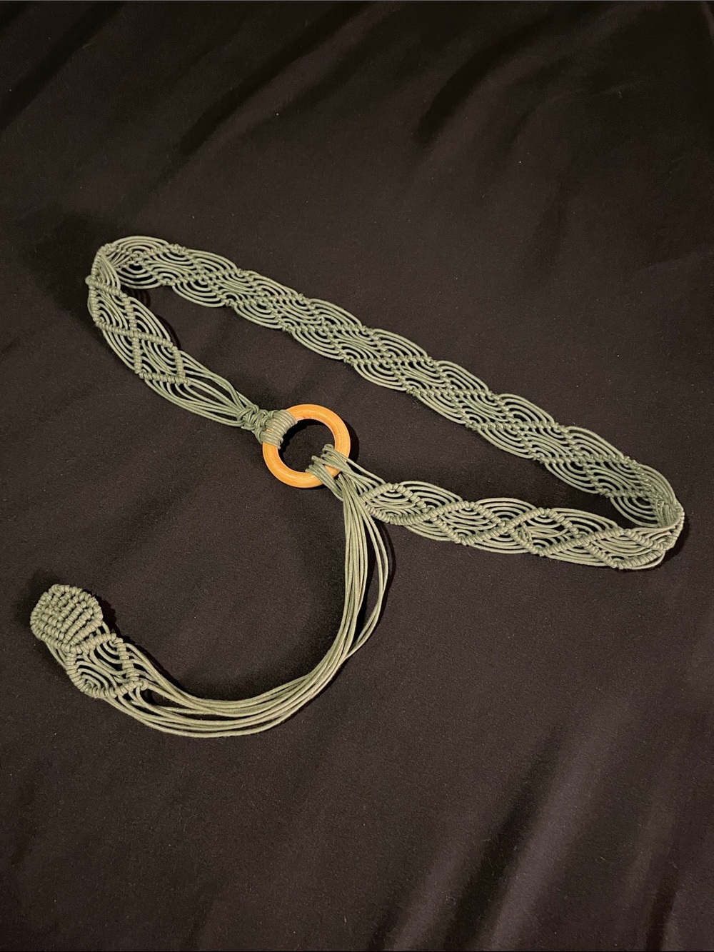 Handmade Olive Green Macramé Waist Belt with Wooden Ring